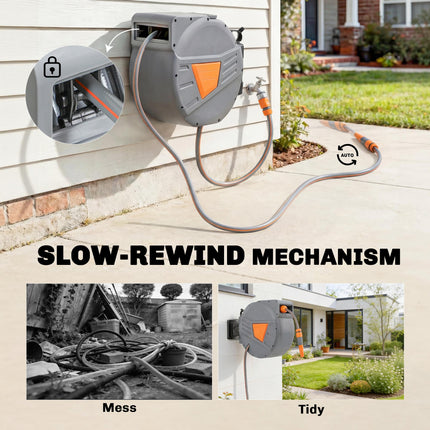 Retractable Hose Reel Wall Mounted, 20+1.6m Garden Hose Pipe Reel with Auto Retraction, Self-Locking, Orange