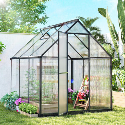 Polycarbonate Greenhouse with Swing Door and Adjustable Window, Walk-in Greenhouse with Rain Gutter, 5.5 x 6ft, Black