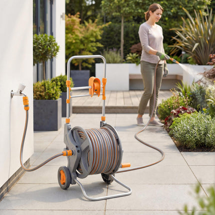 Hose Reel Cart with Wheels, 45+2m Garden Hose Reel with 2 Patterns Nozzle, Fauce