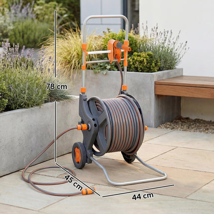 Hose Reel Cart with Wheels, 45+2m Garden Hose Reel with 2 Patterns Nozzle, Fauce