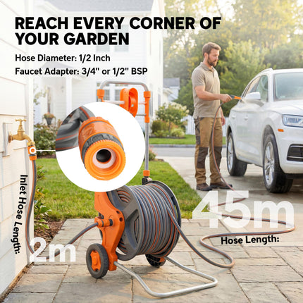 Hose Reel Cart with Wheels, 45+2m Garden Hose Reel with 2 Patterns Nozzle, Fauce