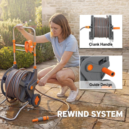 Hose Reel Cart with Wheels, 45+2m Garden Hose Reel with 2 Patterns Nozzle, Fauce