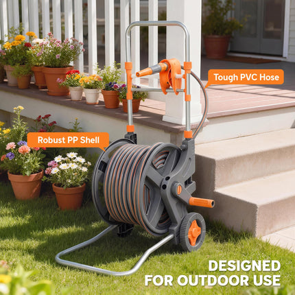 Hose Reel Cart with Wheels, 45+2m Garden Hose Reel with 2 Patterns Nozzle, Fauce