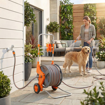 Hose Reel Cart with Wheels, 45+2m Garden Hose Reel with 2 Patterns Nozzle, Fauce