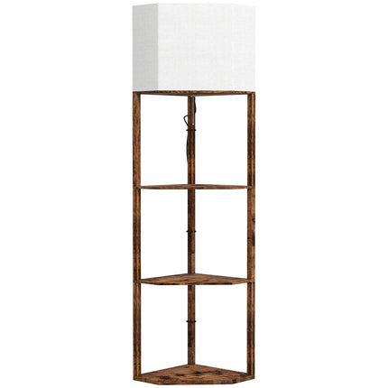 Corner Floor Lamp with Shelves, Tall Standing Lamps for Living Room, with Pull Chain Switch Bulb not Included, Rustic Brown