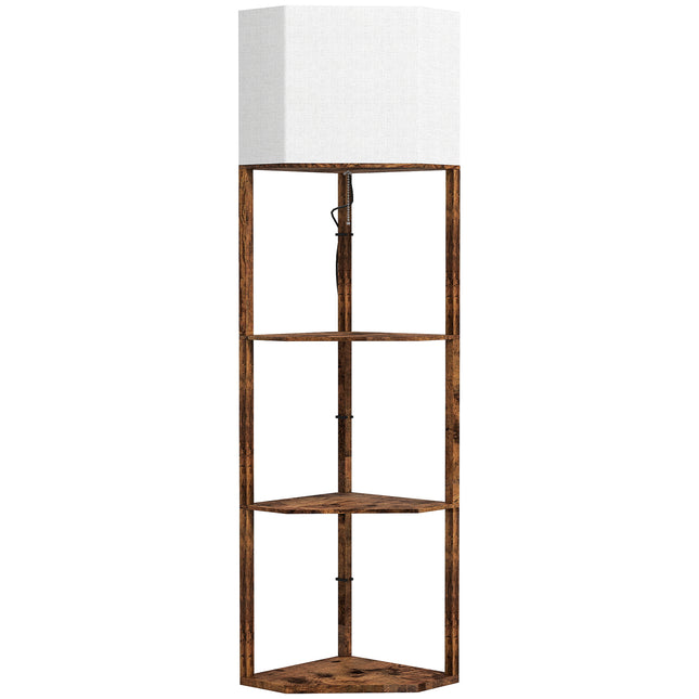Corner Floor Lamp with Shelves, Tall Standing Lamps for Living Room, with Pull Chain Switch Bulb not Included, Rustic Brown
