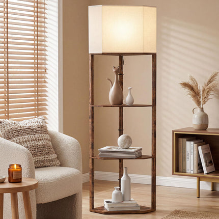 Corner Floor Lamp with Shelves, Tall Standing Lamps for Living Room, with Pull Chain Switch Bulb not Included, Rustic Brown