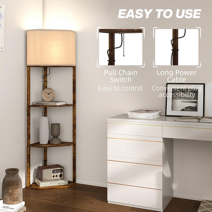 Corner Floor Lamp with Shelves, Tall Standing Lamps for Living Room, with Pull Chain Switch Bulb not Included, Rustic Brown