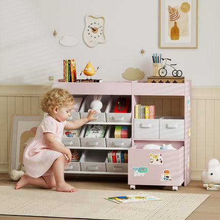 Kids Toy Storage Unit with 11 Bins, Cabinet, Top Shelves, 3 Stickers, for Nurser