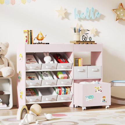 Kids Toy Storage Unit with 11 Bins, Cabinet, Top Shelves, 3 Stickers, for Nurser
