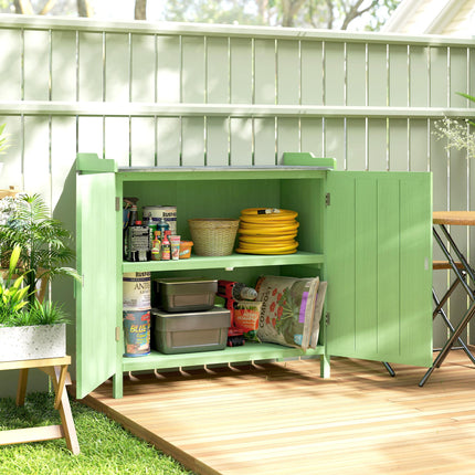 Wood Garden Storage Cabinet, Outdoor Tool Shed, Potting Bench Table with galvanised Top and Two Shelves for garden Tools or Pool Accessories, Green
