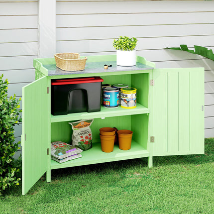 Wood Garden Storage Cabinet, Outdoor Tool Shed, Potting Bench Table with galvanised Top and Two Shelves for garden Tools or Pool Accessories, Green