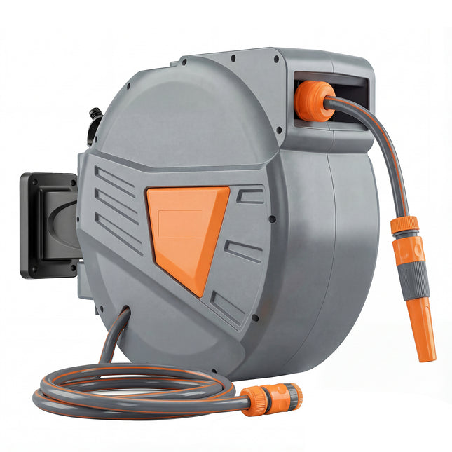 Retractable Hose Reel Wall Mounted, 30+2m Garden Hose Pipe Reel with Auto Retraction, Self-Locking, Orange
