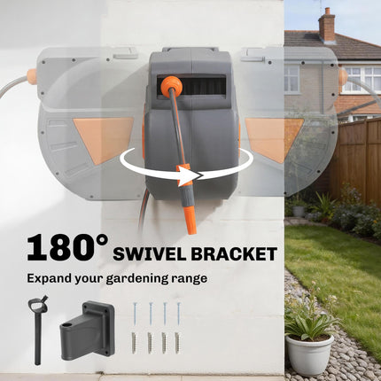 Retractable Hose Reel Wall Mounted, 30+2m Garden Hose Pipe Reel with Auto Retraction, Self-Locking, Orange