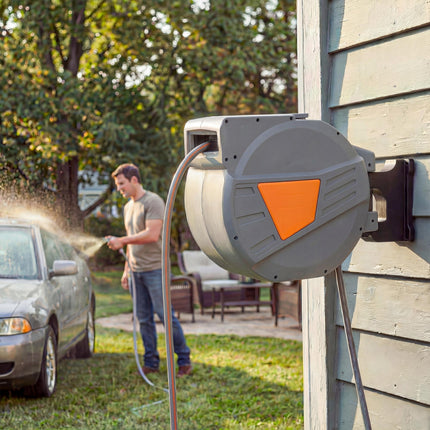 Retractable Hose Reel Wall Mounted, 40+2m Garden Hose Pipe Reel with Auto Retraction, Self-Locking, Orange