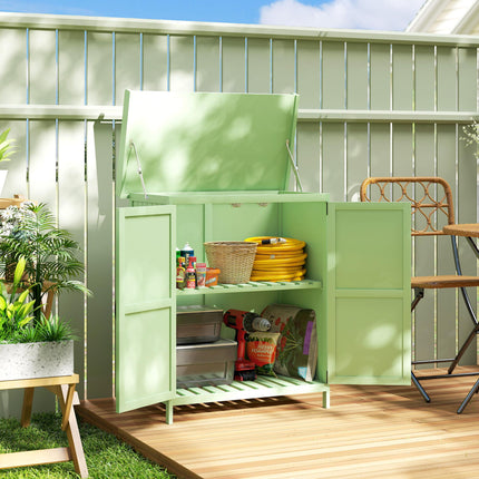 Wooden Garden Shed, Garden Tool Storage Shed with Hinged Roof and Shelf, Outdoor Storage Cabinet with Double Doors, Light Green