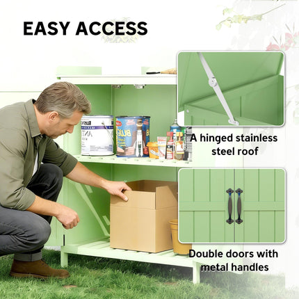 Wooden Garden Shed, Garden Tool Storage Shed with Hinged Roof and Shelf, Outdoor Storage Cabinet with Double Doors, Light Green