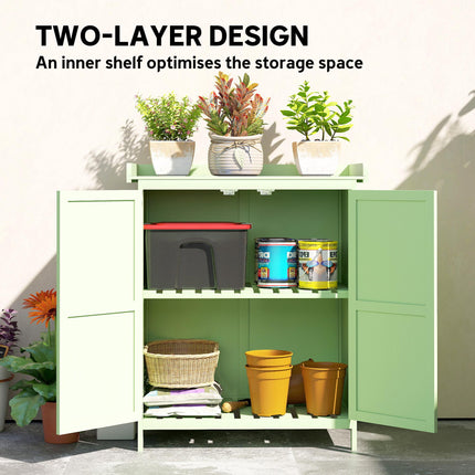 Wooden Garden Shed, Garden Tool Storage Shed with Hinged Roof and Shelf, Outdoor Storage Cabinet with Double Doors, Light Green