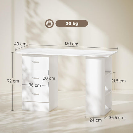 Computer Desk, Home Office Desk, Writing Table, PC Workstation with 3 Storage Shelves and 3 Drawers for Working, Study, 120 x 49 x 72 cm, White