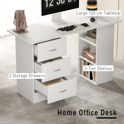 Computer Desk, Home Office Desk, Writing Table, PC Workstation with 3 Storage Shelves and 3 Drawers for Working, Study, 120 x 49 x 72 cm, White