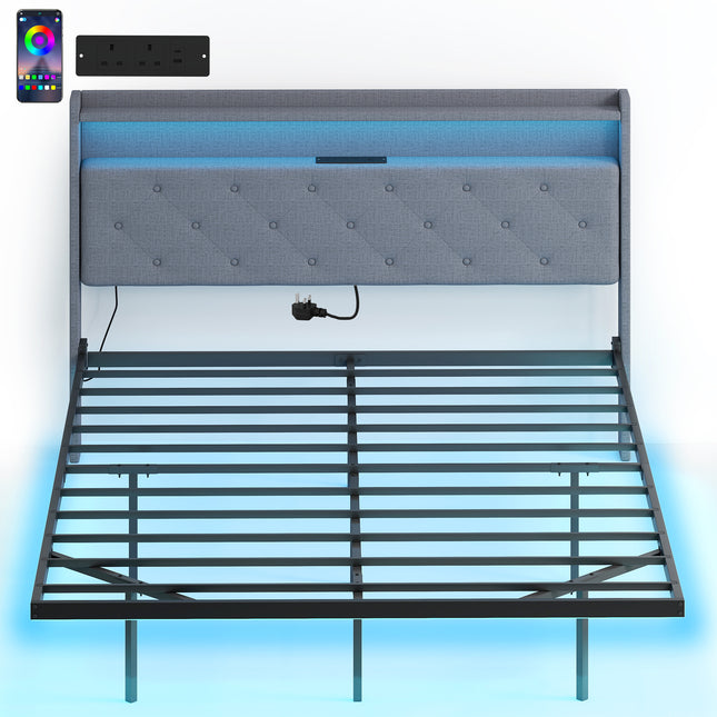 Floating Bed Frame, Upholstered 5ft King Size Bed, Platform Bed with RGB LED Lights and Charging Station, Grey