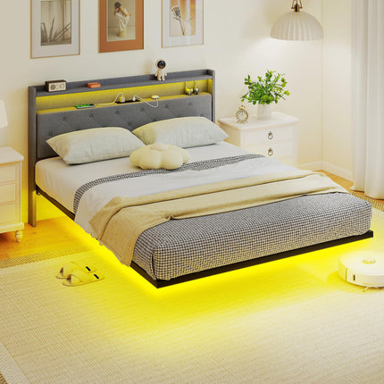 Floating Bed Frame, Upholstered 5ft King Size Bed, Platform Bed with RGB LED Lights and Charging Station, Grey