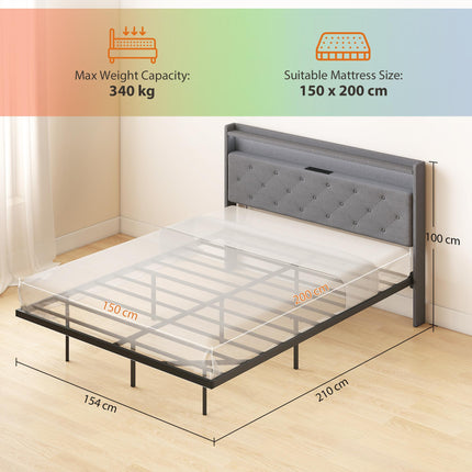 Floating Bed Frame, Upholstered 5ft King Size Bed, Platform Bed with RGB LED Lights and Charging Station, Grey