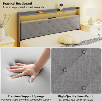 Floating Bed Frame, Upholstered 5ft King Size Bed, Platform Bed with RGB LED Lights and Charging Station, Grey