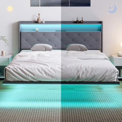 Floating Bed Frame, Upholstered 5ft King Size Bed, Platform Bed with RGB LED Lights and Charging Station, Grey