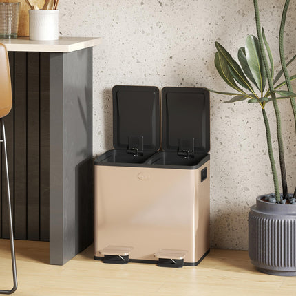 30L Dual Compartment Stainless Steel Bin, with Deodoriser Holders - Gold Tone