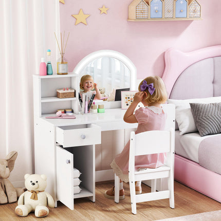 Kids Vanity Table and Chair Set, Girls Dressing Table with 2-Colour LED Mirror, Stool, Cabinet, Drawer, Shelves, White