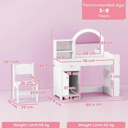Kids Vanity Table and Chair Set, Girls Dressing Table with 2-Colour LED Mirror, Stool, Cabinet, Drawer, Shelves, White
