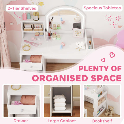 Kids Vanity Table and Chair Set, Girls Dressing Table with 2-Colour LED Mirror, Stool, Cabinet, Drawer, Shelves, White