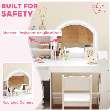 Kids Vanity Table and Chair Set, Girls Dressing Table with 2-Colour LED Mirror, Stool, Cabinet, Drawer, Shelves, White