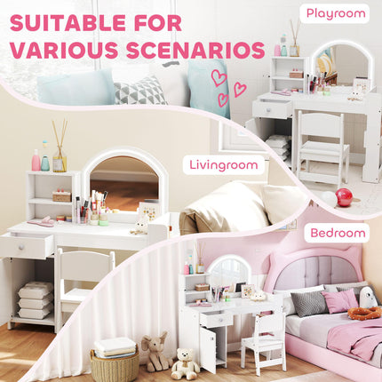 Kids Vanity Table and Chair Set, Girls Dressing Table with 2-Colour LED Mirror, Stool, Cabinet, Drawer, Shelves, White