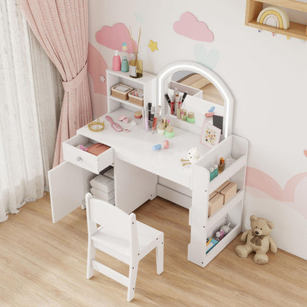 Kids Vanity Table and Chair Set, Girls Dressing Table with 2-Colour LED Mirror, Stool, Cabinet, Drawer, Shelves, White