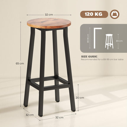 Bar Stools Set of 2 Breakfast Bar Stools with Footrest, Industrial Round, 32 x 32 x 65 cm, Rustic Brown