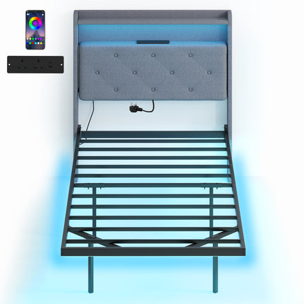 Floating Bed Frame, Upholstered 3ft Single Size Bed, Platform Bed with RGB LED L