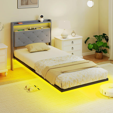 Floating Bed Frame, Upholstered 3ft Single Size Bed, Platform Bed with RGB LED L