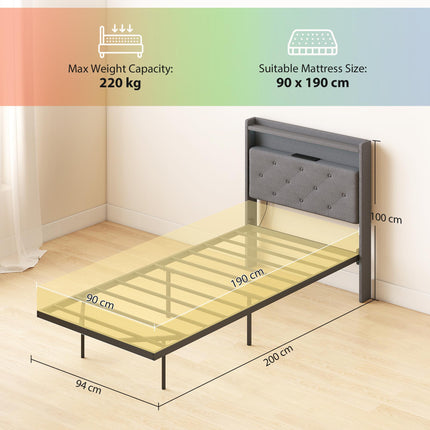 Floating Bed Frame, Upholstered 3ft Single Size Bed, Platform Bed with RGB LED L