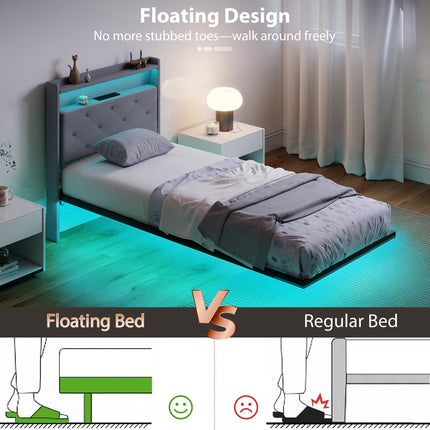 Floating Bed Frame, Upholstered 3ft Single Size Bed, Platform Bed with RGB LED L
