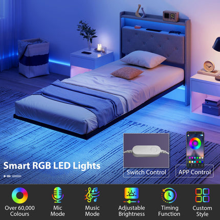 Floating Bed Frame, Upholstered 3ft Single Size Bed, Platform Bed with RGB LED L
