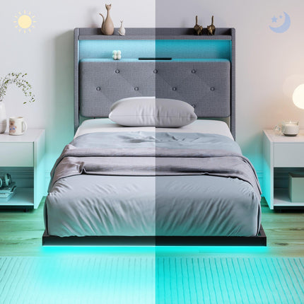 Floating Bed Frame, Upholstered 3ft Single Size Bed, Platform Bed with RGB LED L