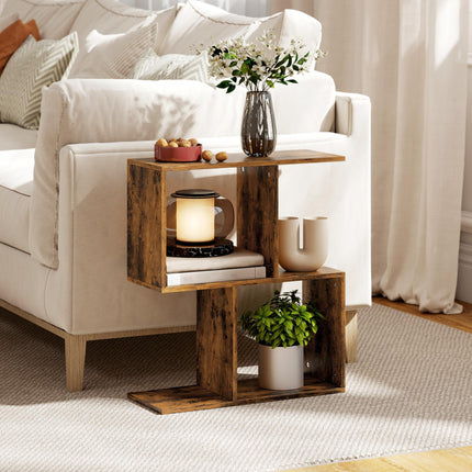Side Table, Narrow End Table with Storage Shelves, S-Shaped, 3-Tier, 50W x 19.5D x 58H cm, Rustic Brown
