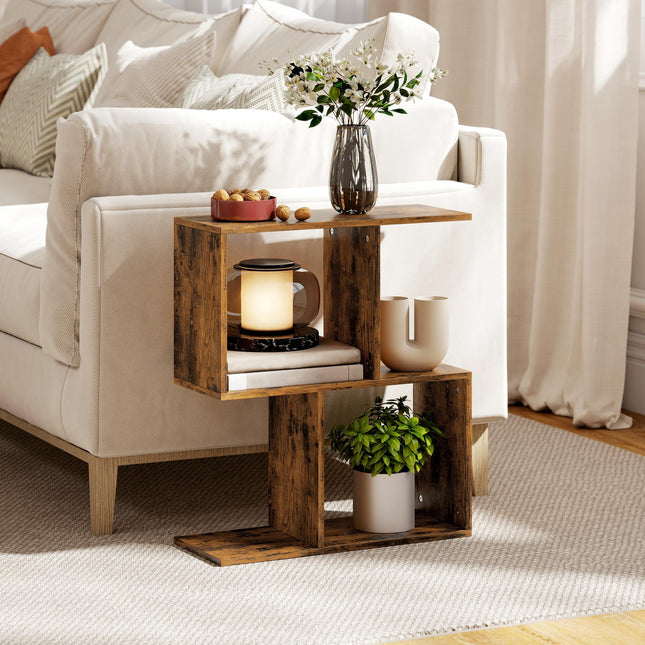 Side Table, Narrow End Table with Storage Shelves, S-Shaped, 3-Tier, 50W x 19.5D x 58H cm, Rustic Brown