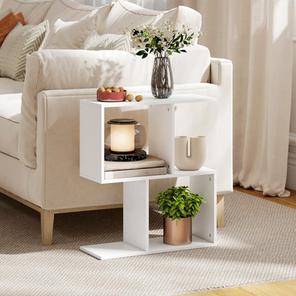 Side Table, Narrow End Table with Storage Shelves, S-Shaped, 3-Tier, 50W x 19.5D x 58H cm, White