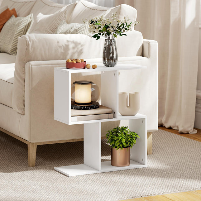 Side Table, Narrow End Table with Storage Shelves, S-Shaped, 3-Tier, 50W x 19.5D x 58H cm, White