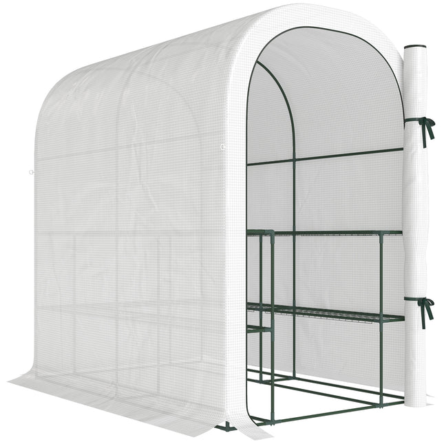 Walk-in Greenhouse with Shelves, Small Greenhouse with PE Cover and Roll-up Door, 123 x 187 x 189 cm, White