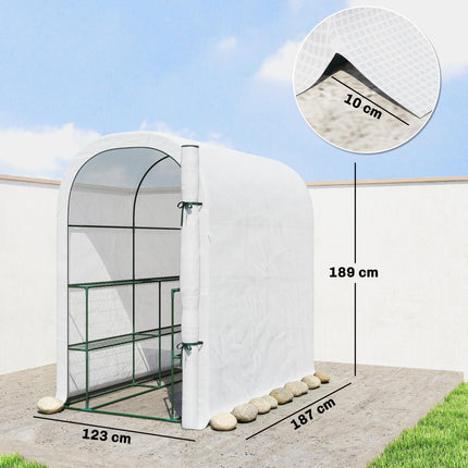 Walk-in Greenhouse with Shelves, Small Greenhouse with PE Cover and Roll-up Door, 123 x 187 x 189 cm, White