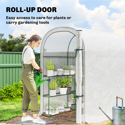 Walk-in Greenhouse with Shelves, Small Greenhouse with PE Cover and Roll-up Door, 123 x 187 x 189 cm, White